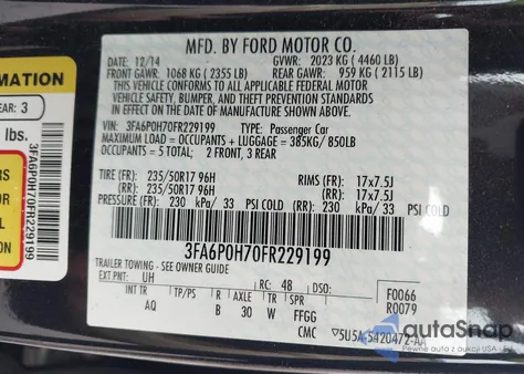 2015 Ford Fusion Se from USA, damaged, VIN 3FA6P0H70FR229199